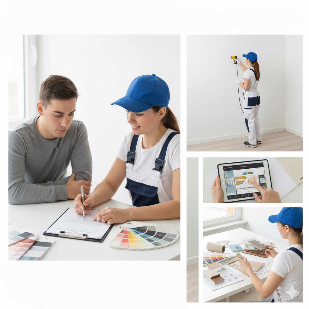 Malermeisterin bei Fachberatung und Angebotserstellung mit Messwerkzeug